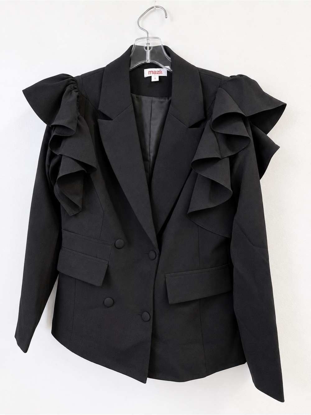 Mazik Black Double-Breasted Blazer with Ruffle Shoulders